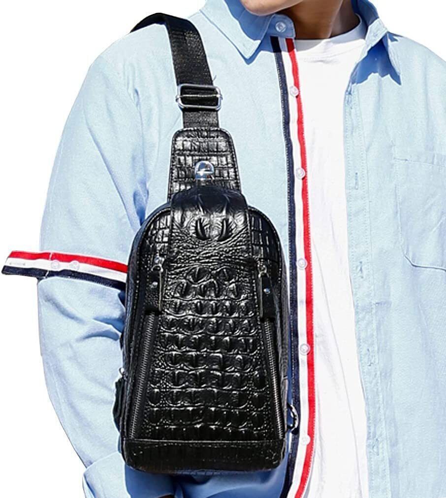 Mens Crocodile Leather Sling Bag Chest Shoulder Daypack Waterproof Crossbody Bag