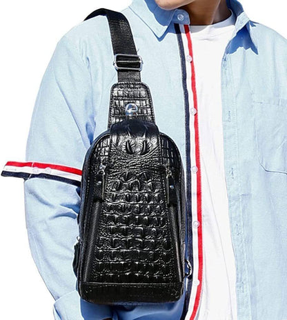 Mens Crocodile Leather Sling Bag Chest Shoulder Daypack Waterproof Crossbody Bag