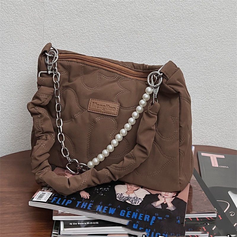 Heart Thread Bag Chain Shoulder Bag Zipper Beaded Handbag Black Brown White Pink