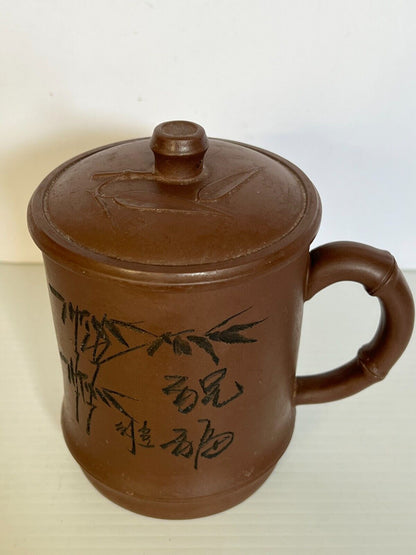 Chinese Yixin Zisha Clay Hand Carved Tea Mug With Lid Bamboo Style