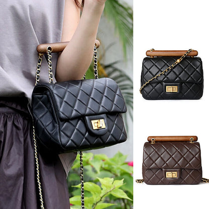 Small Mini Quilted Lambskin Leather Wood Handle Bag Flap Shoulder Purse w/ Chain