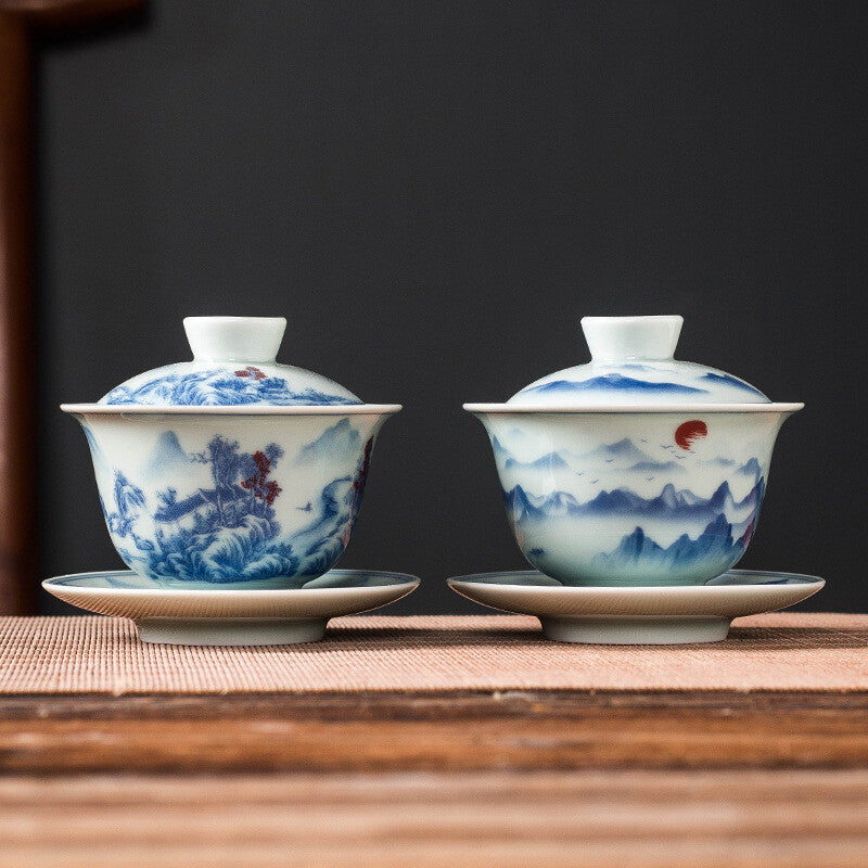 handmade gaiwan under glaze porcelain covered bowl SanCai tureen 150ml coaster