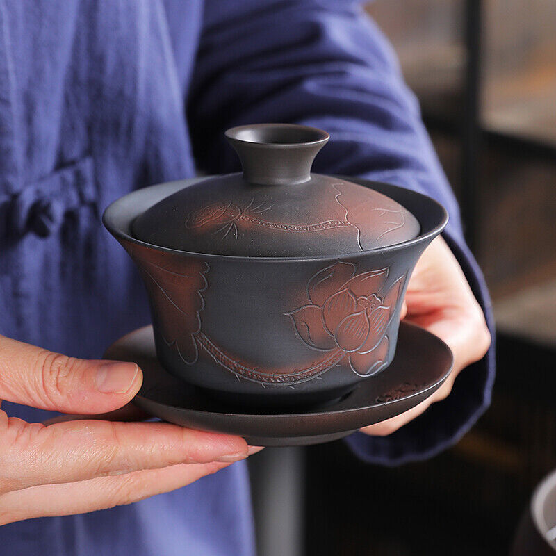 6.8oz Ceramic Pottery Gaiwan Lotus Flower Carved Tureen Covered Bowl Saucer Lid