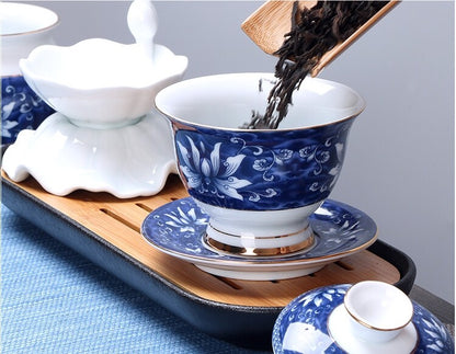 Complete Tea Set Blue-and-white Porcelain Tea Pot Gaiwan Matching Cup Filter Net