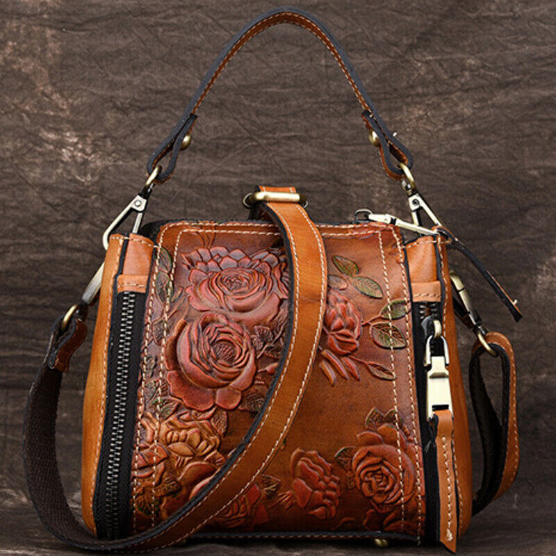 Genuine Leather Floral Embroidered Vintage Handbag Women's Tote Shoulder Bags