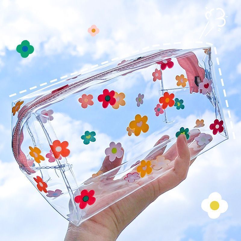 Zipper Cosmetic Bag Flower Print Makeup Purse Transparent Traveling 10*18*10 CM