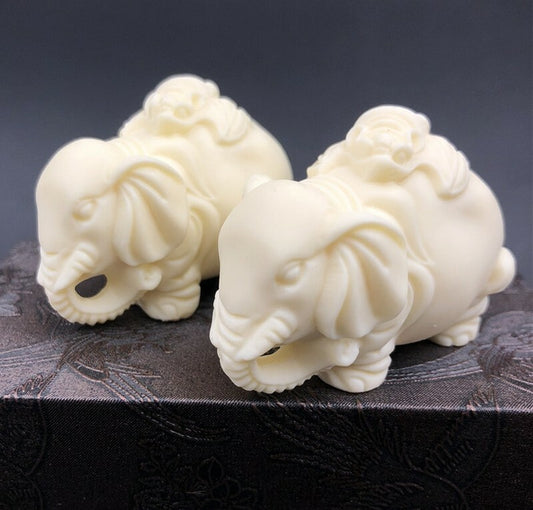 Pair Tagua Nut Elephant Statue Palm Figurine Feng Shui Animal Decor Gift