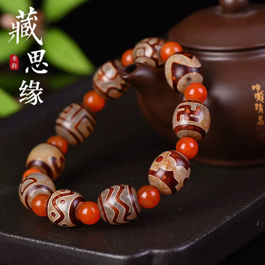 Tibetan Style Agate Dzi Bead Bracelet Treasure Vase Totem Multi Gem Unisex