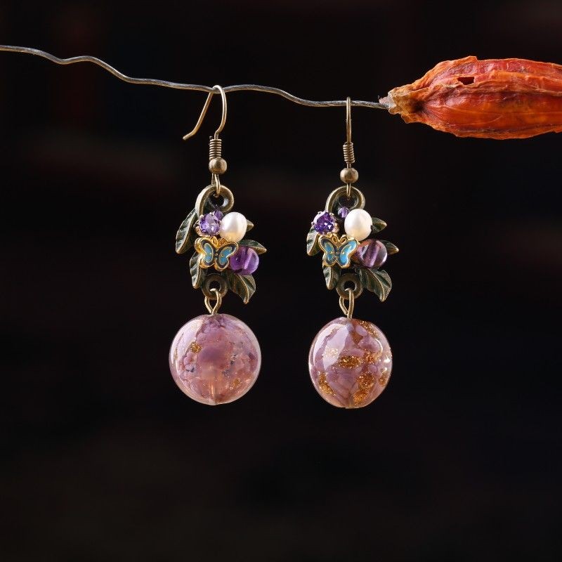 Boho Purple Flower Earrings Retro Ethnic Jewelry For Hanfu Cheongsam
