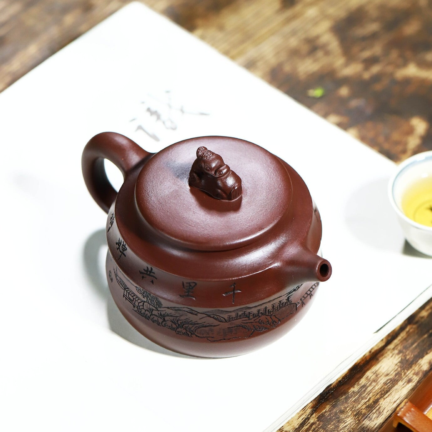 Handmade Carved Real Yixing Zisha Purple Clay Tea Pot Marked Certificate Paper