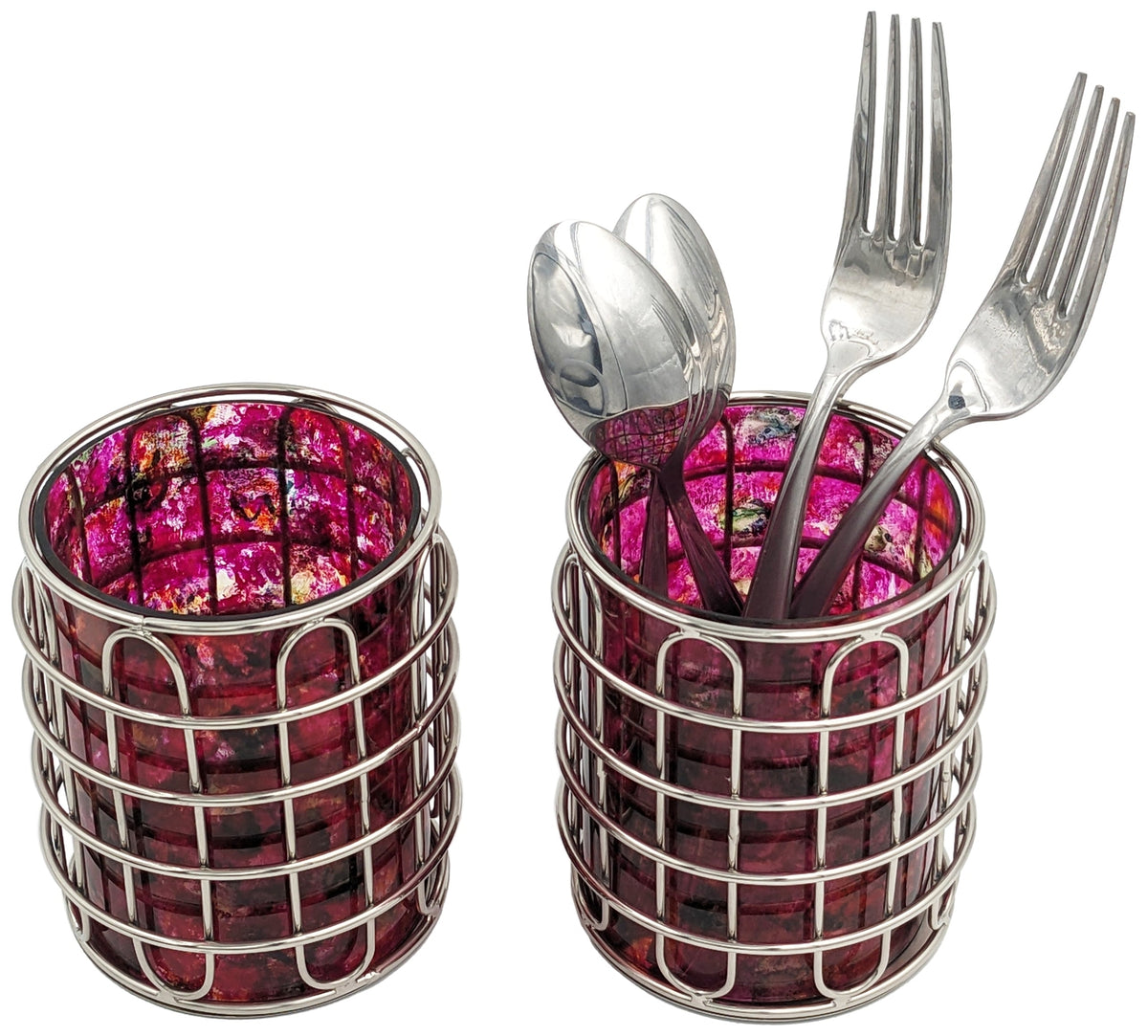Set of 2 Stainless Steel (Silver Color) and Pink Glass Silverware Holders