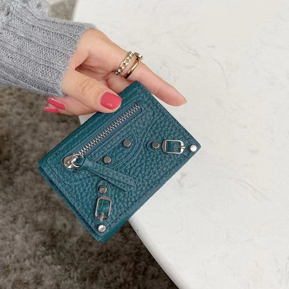 Short Wallets Genuine Leather Trifold Purse Cool Rivet Decorations 9.5*6.5*2.5CM