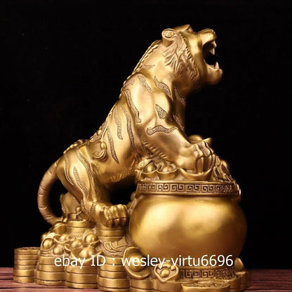 Copper Brass Handmade Feng Shui Evil Wealth Money Tiger Art Statue Ornament