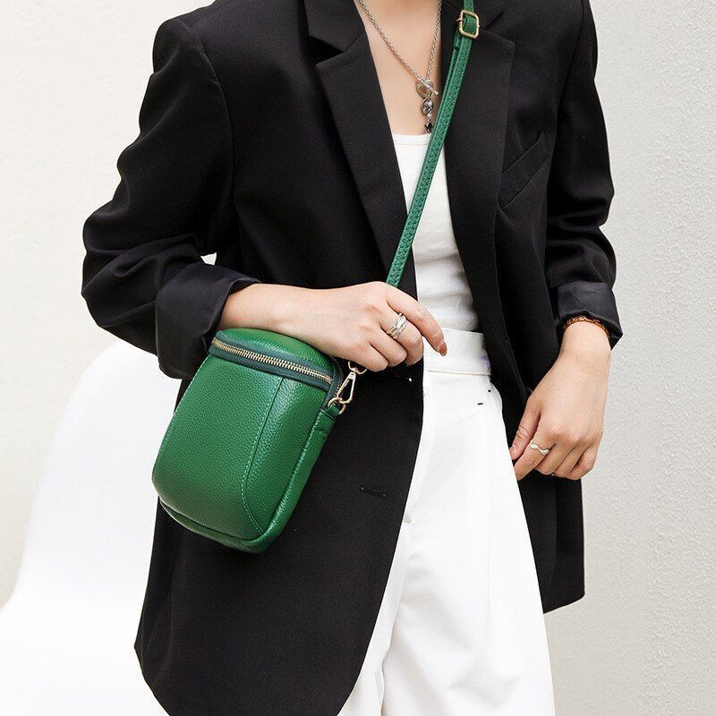 Genuine Leather Mini Bucket Bag Handbags Casual Shoulder Bags Black 14*19*2 CM