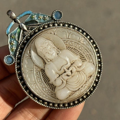Vintage Guanyin Pendant Cloisonne Enamel Jade-like Amulet Charm
