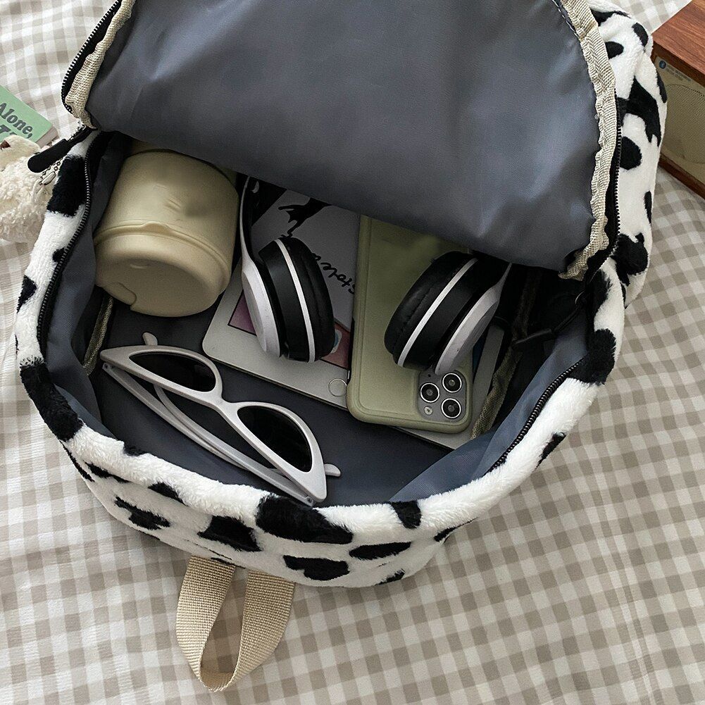 Warm Plush Backpack Teenager School Bag Cow Print Multi-Pocket Travel 37*27*10CM