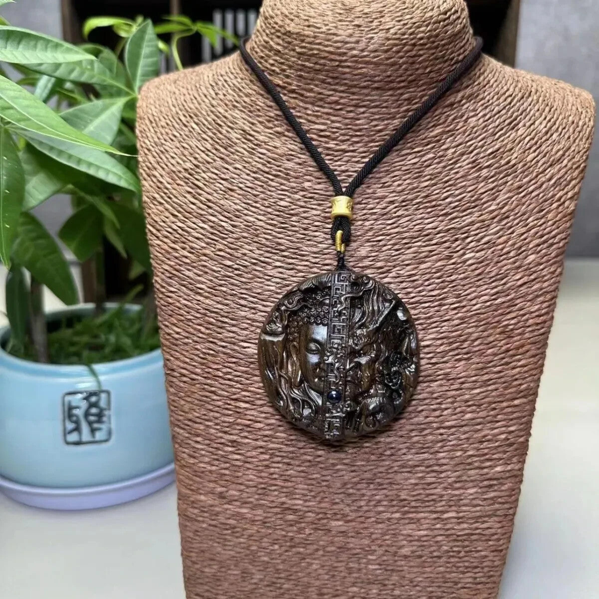 Natural Wood Carving Buddha Demon Pendant Men Woman Lucky Gift Sweater Necklace