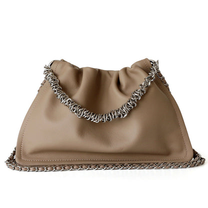 Small Real Leather Ruched Clutch Pouch Purse Tote Shoulder Bag Crossbody Chains