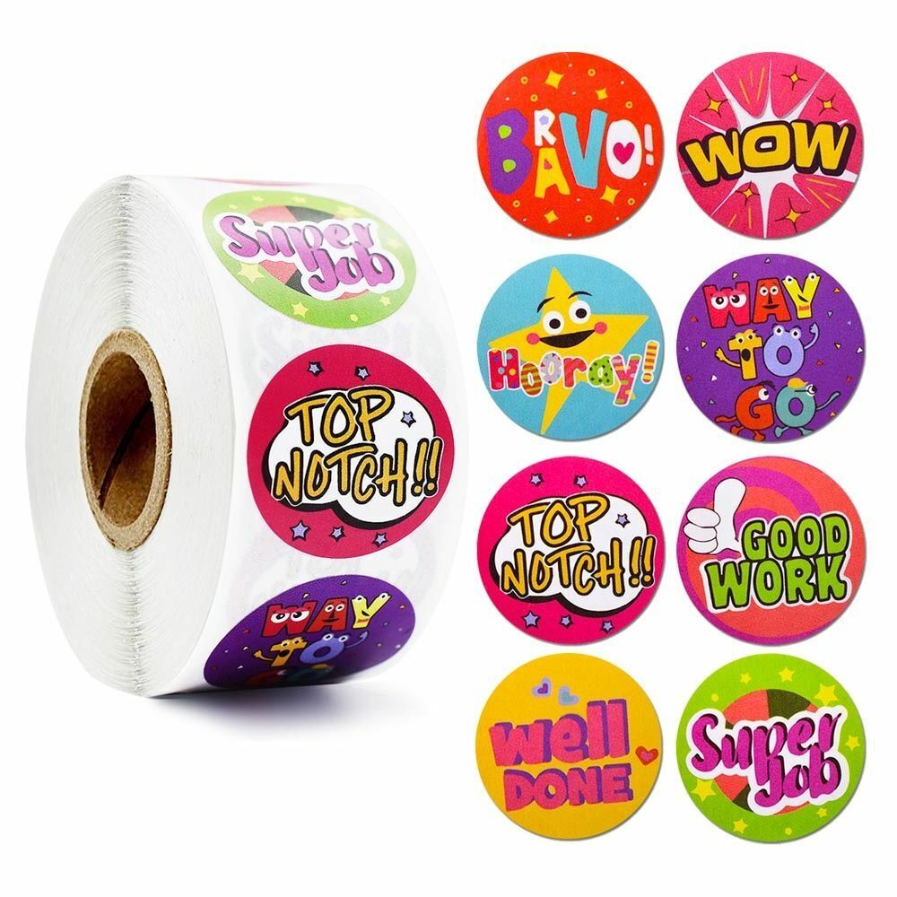 500Pcs/Roll Cute Words 1" Round Stickers Kids Teacher Reward Encouragement Label