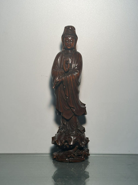 Vintage Wooden Carving Figure Guanyin Statue Wood Sculpture Buddha Home Decor