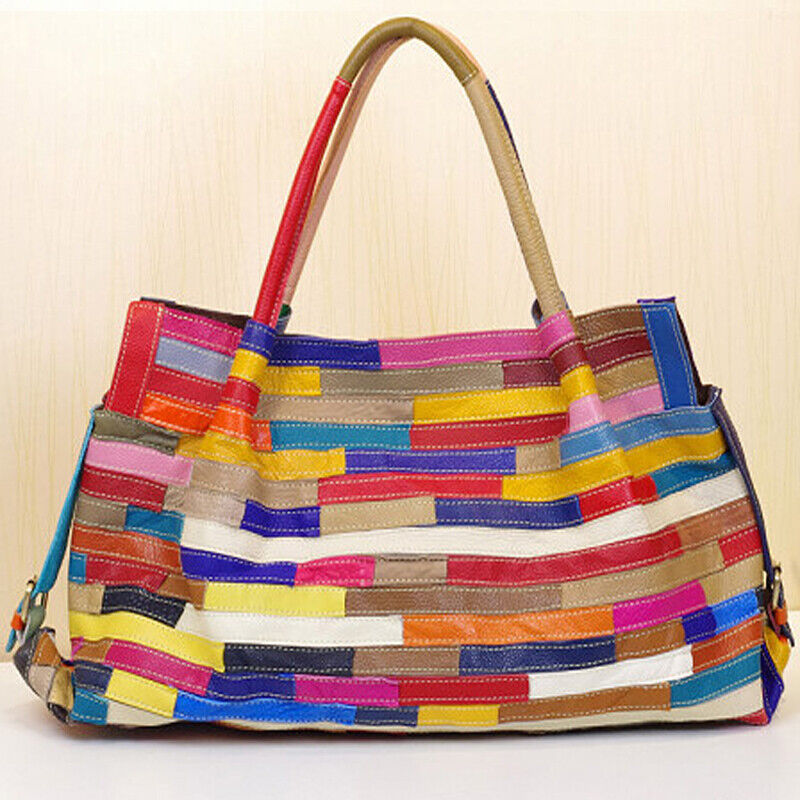 Genuine Leather Colorful Blocks Patchwork Handbags Large Capacity Women's Tote