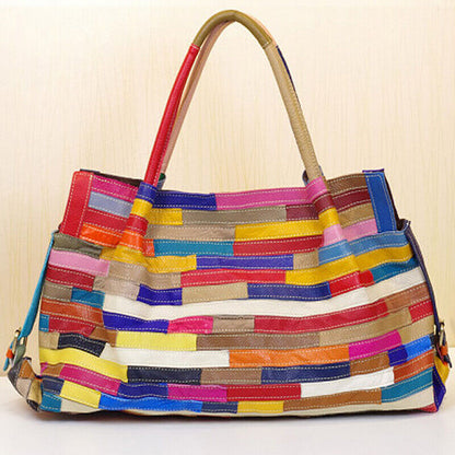 Genuine Leather Colorful Blocks Patchwork Handbags Large Capacity Women's Tote