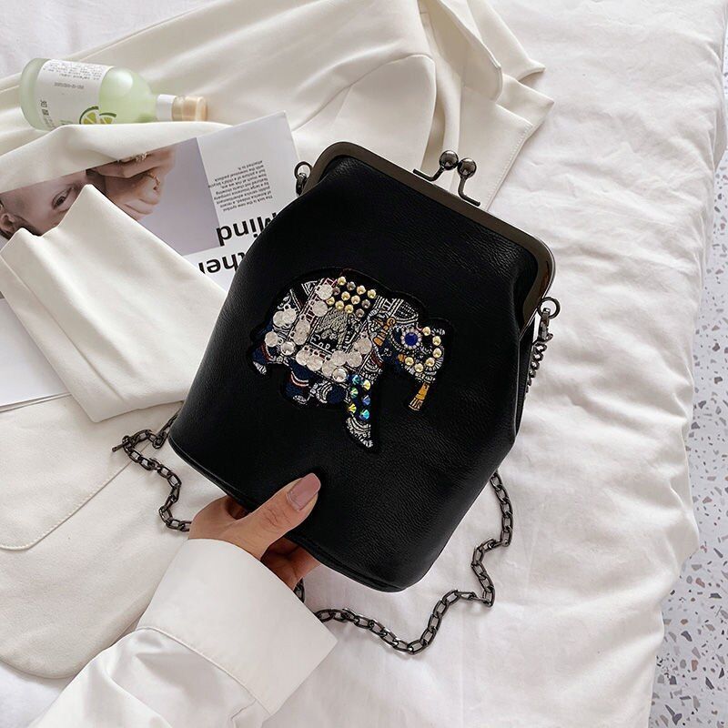 Vintage Shell Lock Embroidery Bags Synthetic Leather Chain Shoulder Purses Blue