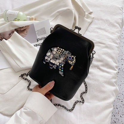 Vintage Shell Lock Embroidery Bags Synthetic Leather Chain Shoulder Purses Blue