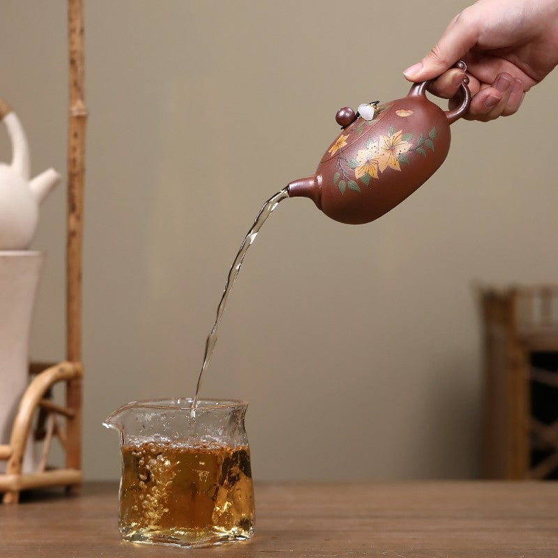 Handpainted Floral Relief Yixing Zisha Tea Pot Ball Shaped Infuser Holes Marked