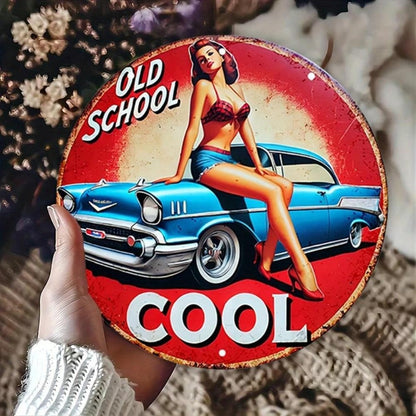 Vintage 8x8 Round Tin Sign Pin Up Girl Retro Car Cool Girl Wall Art for Home