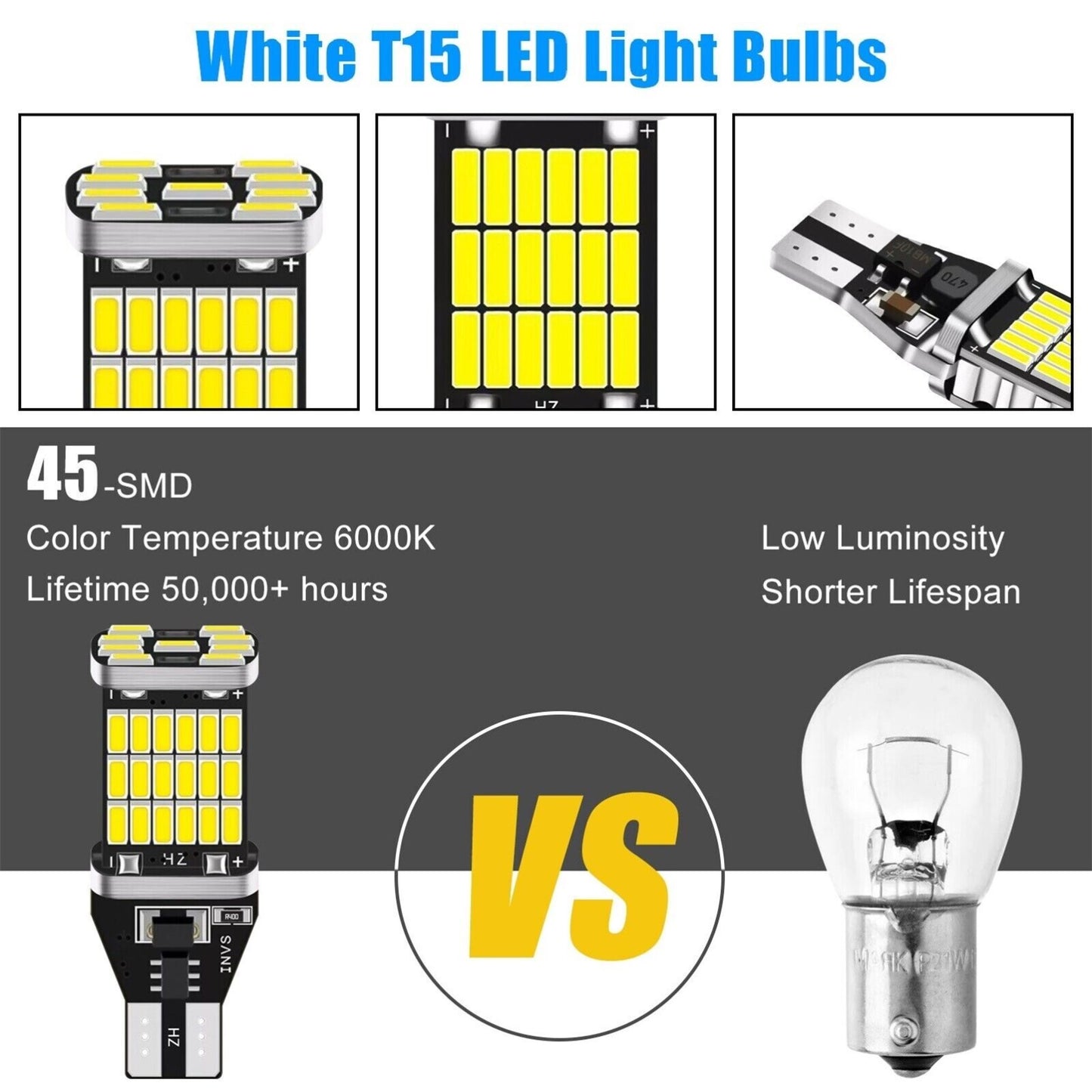 T15 921 912 LED Reverse Backup Light Bulbs W16W 916 6000K Super Bright White