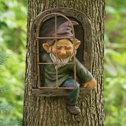 Elf Out The Door/Window Tree Hugger Naughty Garden Gnome Statue Tree Decorations-