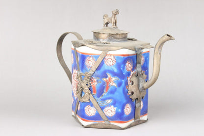 5.1" old Antique China Feng Shui porcelain inlaid with Tibetan silver Teapot