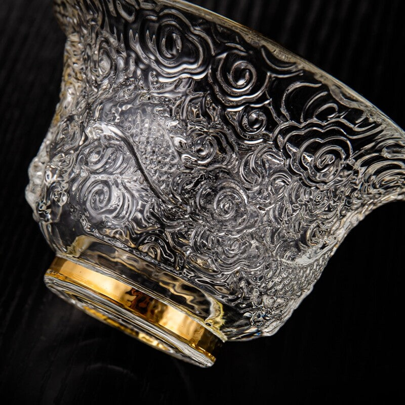 boutique gaiwan glass handmade dragon carved Chinese Sancai bowl lid saucer new