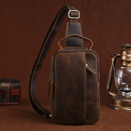 Mens Coffee Vintage Crossbody Bag Cowhide Crazy Horse Leather Sling Shoulder Bag