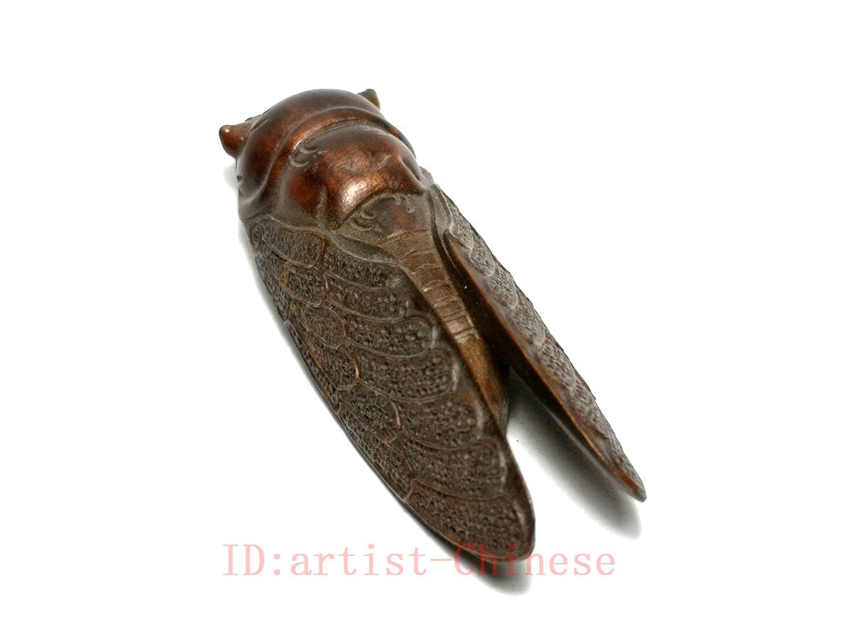 Chinese boxwood hand carved cicada Figure statue netsuke collectable hand piece
