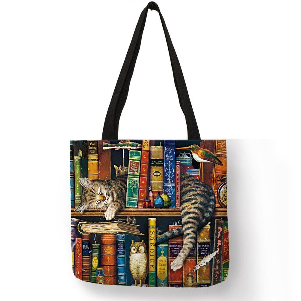 Cat Print Tote Bag Linen Reusable Shopping Bag Oil Painting Shoulder Shopper Bag