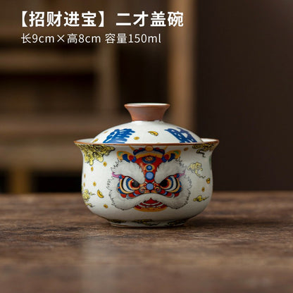Ru Kiln Lion Awakening Three Cai Gaiwan Teacup Kung Fu Ceramic Tea Set