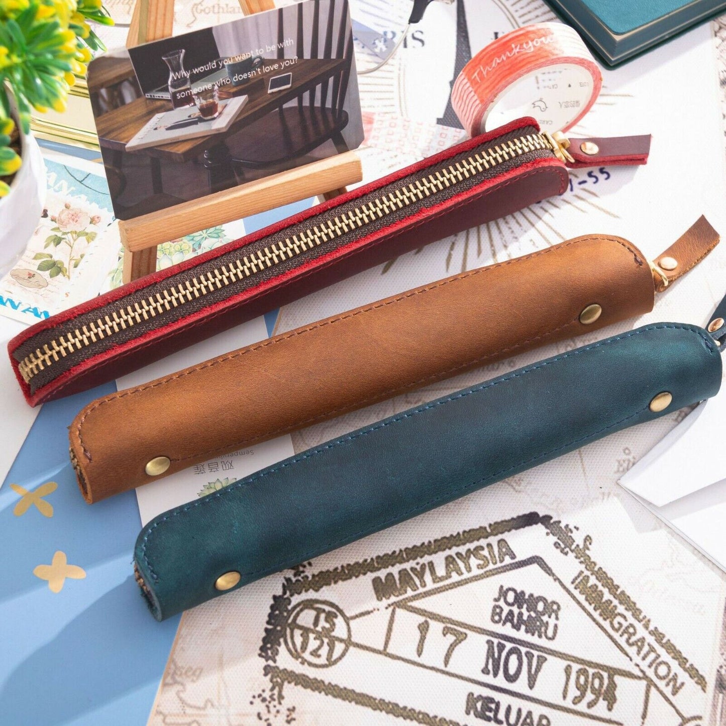 Handmade Cowhide Leather Vintage Zipper Pencil Case mini Single Pen Bag