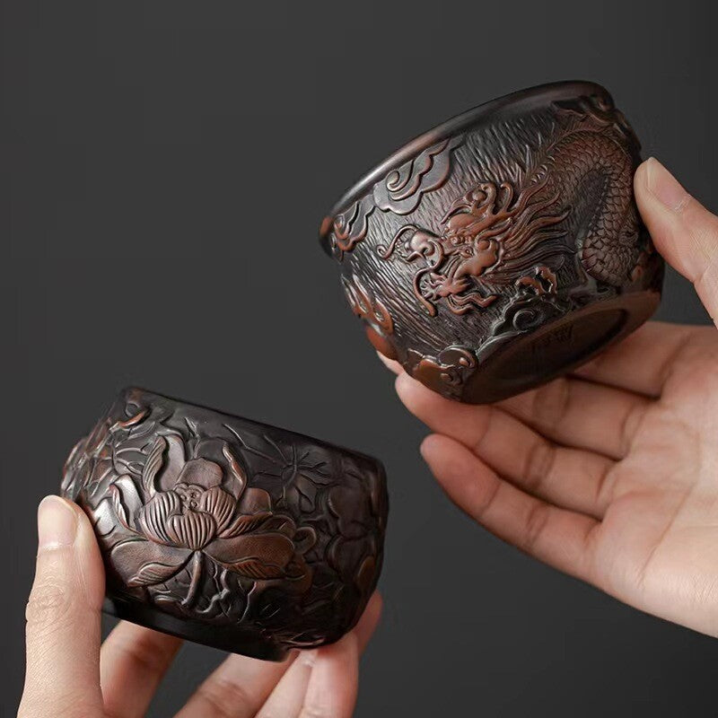 One Cup Handmade Floral Dragon Carved Yixing Zisha Purple Pottery Kungfu Teacups