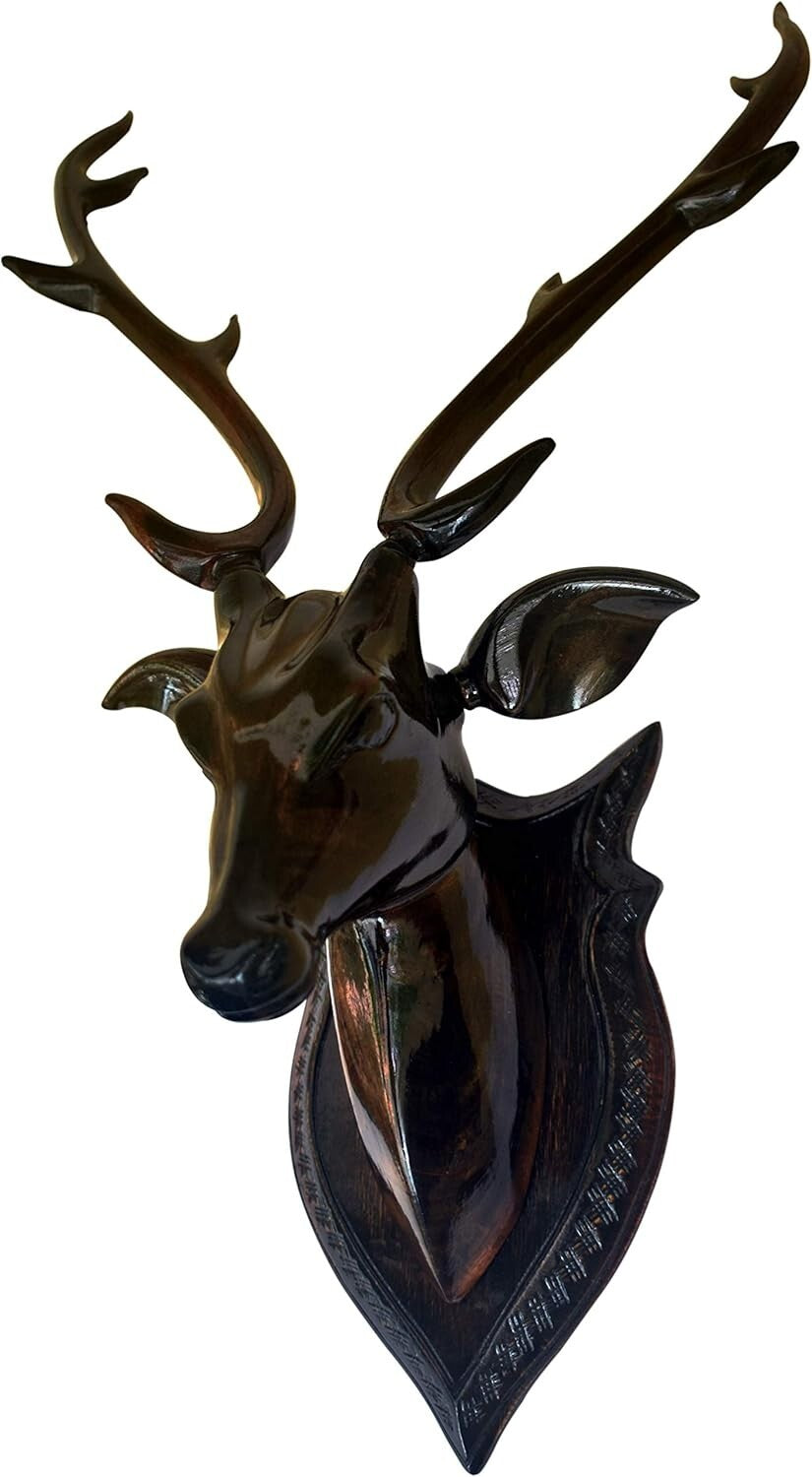 Handcrafted Wood Deer Head with Horn Sculpture Figurine Showpiece Wall Decor