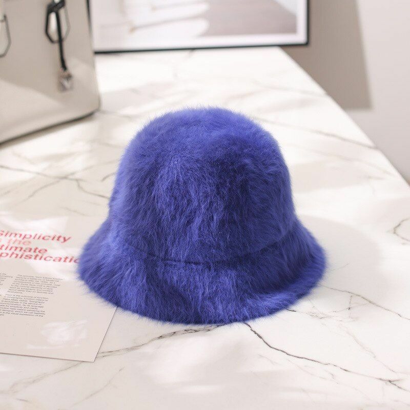 Hat Winter Women Solid Color Rabbit Fur Bucket Cap Fisherman Retro Knitted Wool