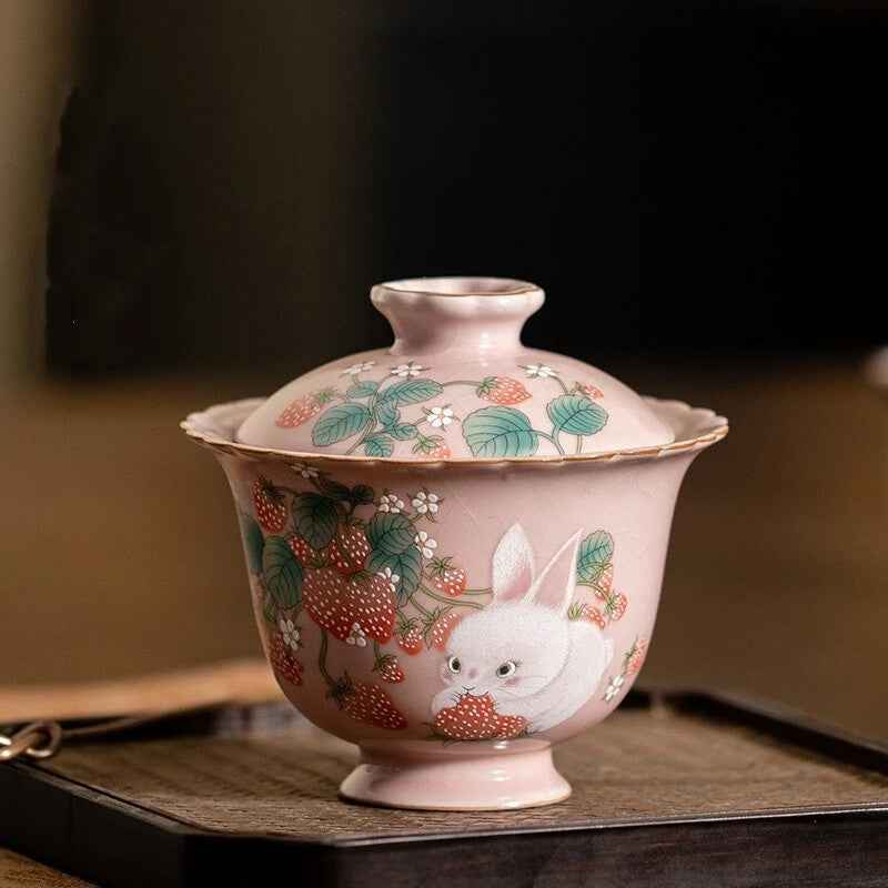 Ru Yao Porcelain Gaiwan Set for Tea Tureen Cup Chinese Pink Ceramic Tea Ceramony
