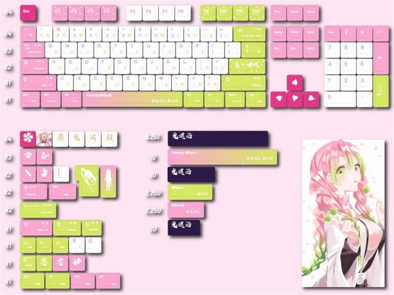 New Demon Slayer Mitsuri Anime PBT KCA Height Keycap Set 140 Key for Mechani