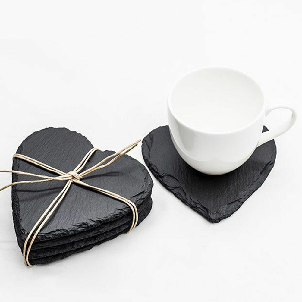 4Pcs/Set Heart Shape Cups Mats 10x10x0.4cm Slate Black Drinks Beverages Coasters