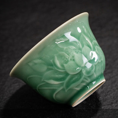 boutique gaiwan longquan celadon porcelain tureen shadow carved Sancai bowl lid