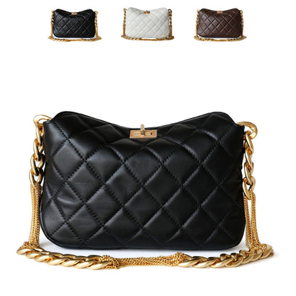 Small Quilted Sheepskin Leather Shoulder Bag Clutch Purse w/ Chain Strap Fashion
