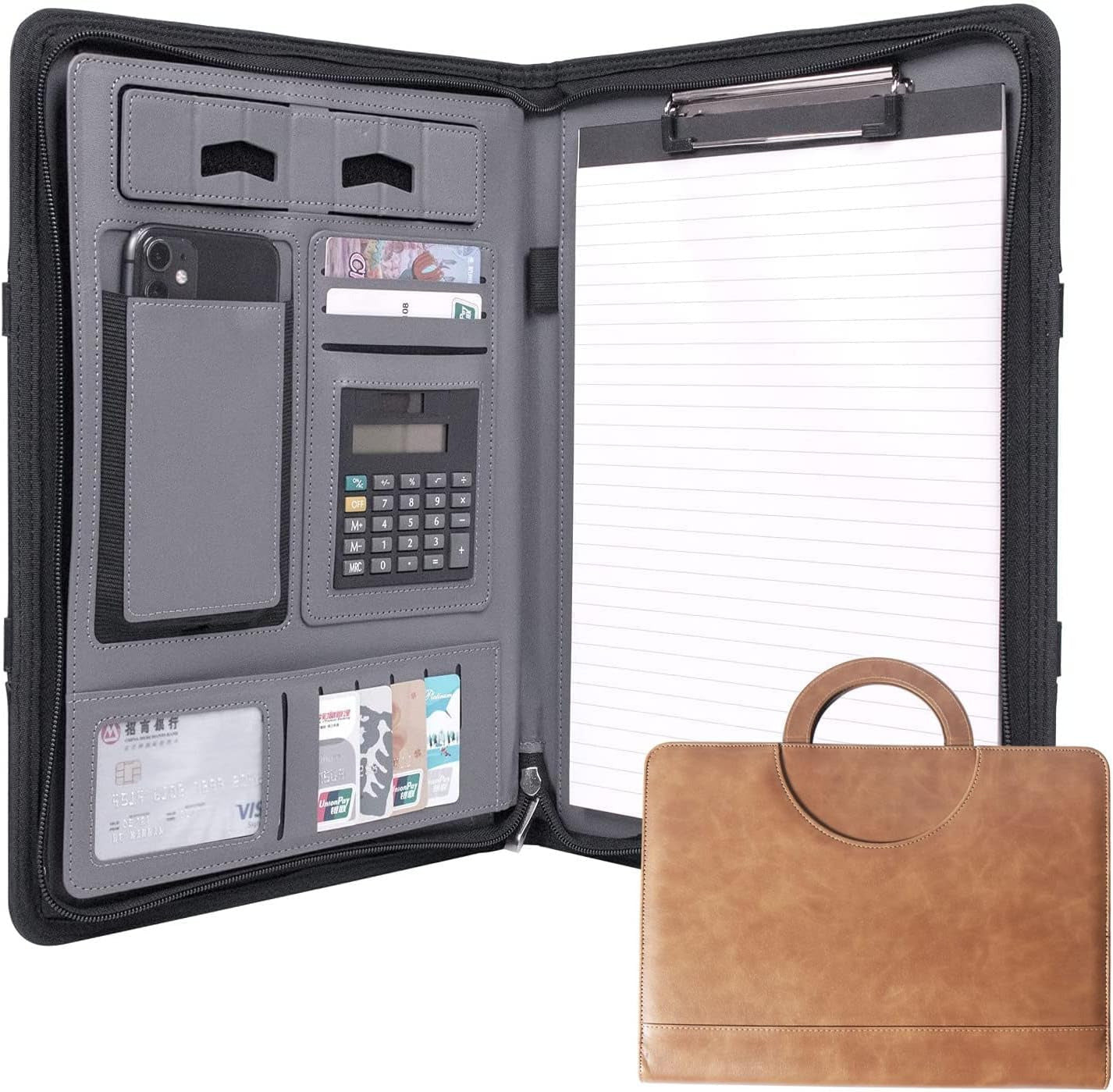 Leather Portfolio Folder with Zipper and Hidden Handle Business Padfolio Unisex