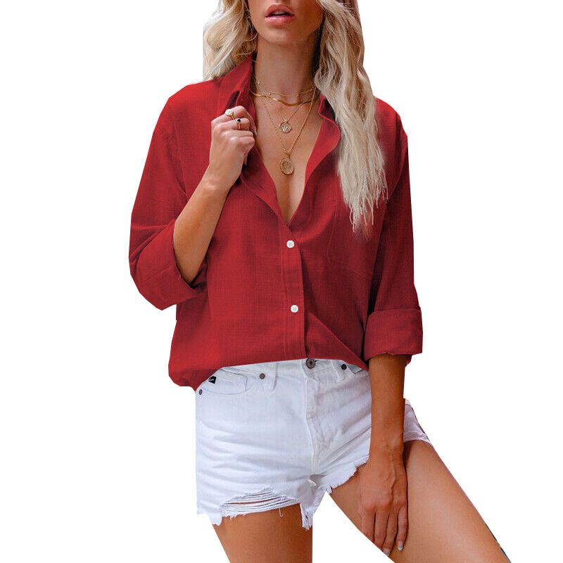 Womens Baggy Cotton Linen Shirts Button Up V Neck Tops Ladies Long Sleeve Blouse