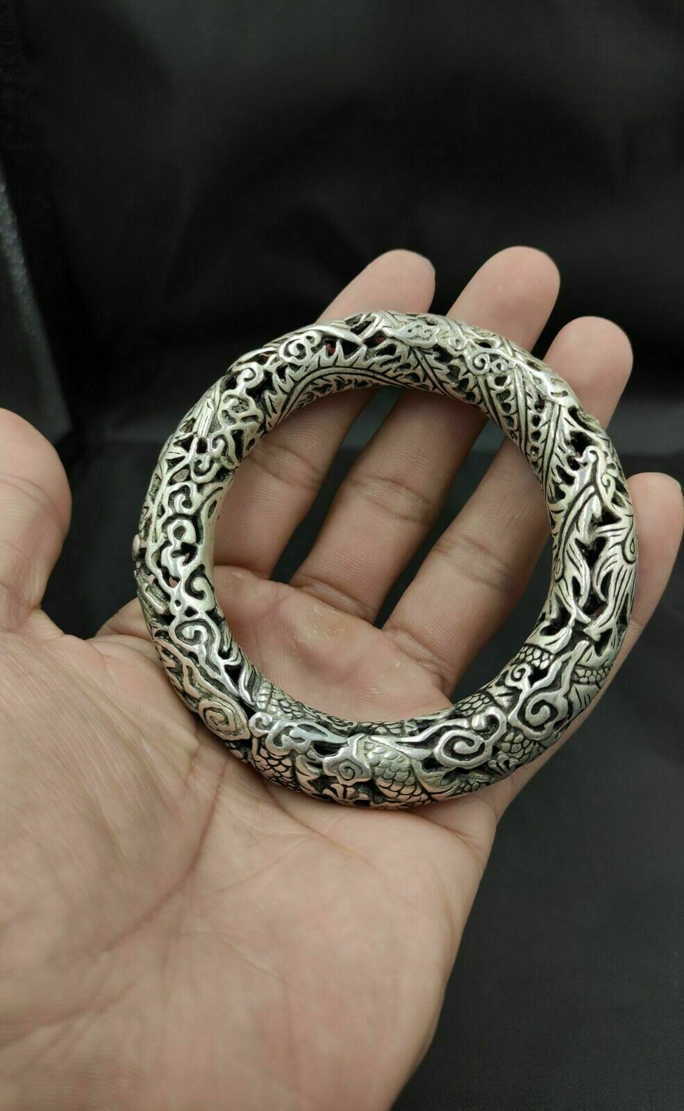 Rare Tibet Silver Carved DRAGON Men's Bracelet Bangle